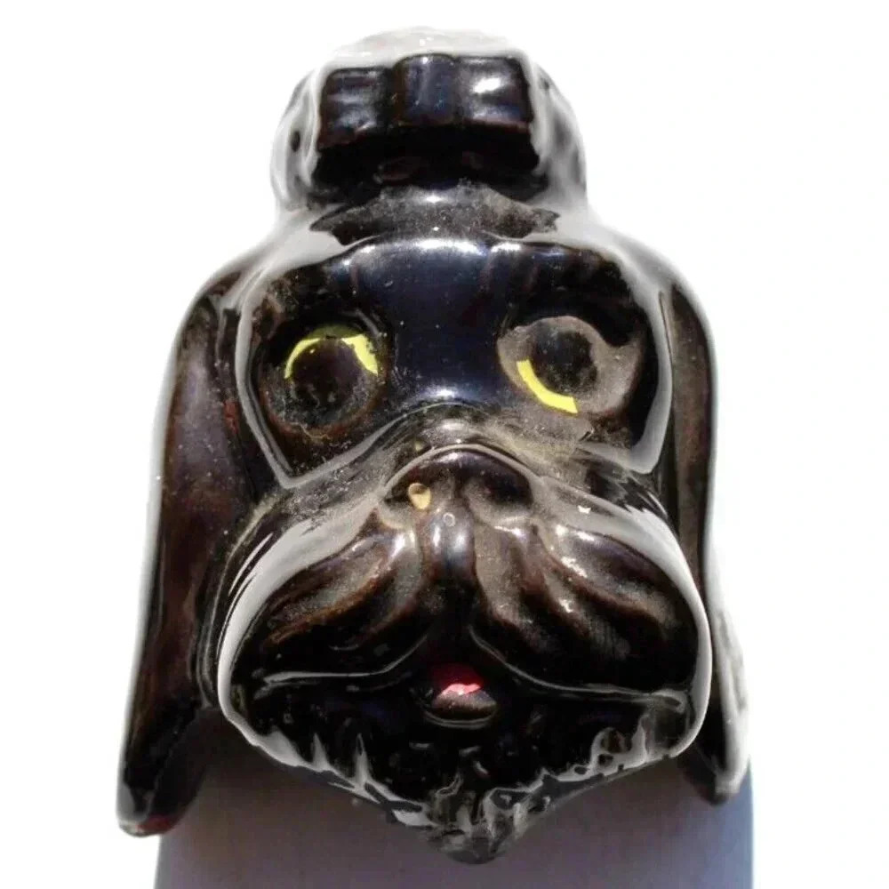 Vintage BLACK 196s Pottery Dog Poodle Head Single Glaze Handpainted Wine Cork